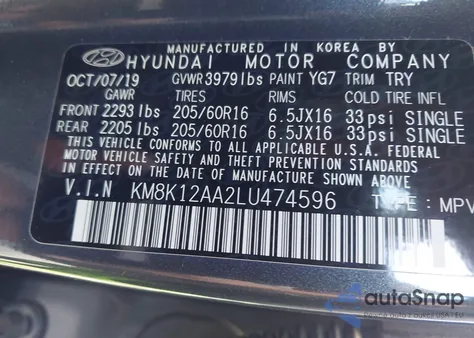 2020 Hyundai Kona Se from USA, damaged, VIN KM8K12AA2LU474596